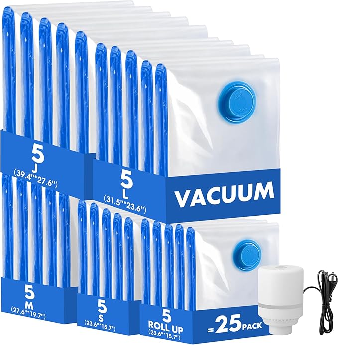 25 Pack Vacuum Storage Bags with Electric Pump, Compression Space Saver Vacuum Seal Bags 5 Jumbo/5 Large/5 Medium/5 Small/5 Roll Up Bags for Clothing Travel Comforters Blankets Pillows Bedding Duvets