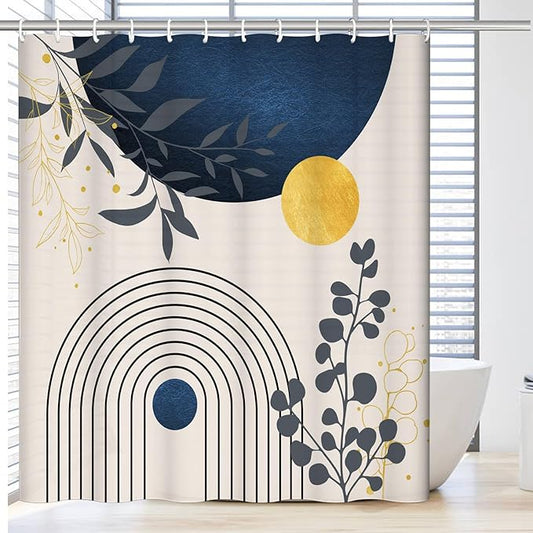 Boho Mid Century Shower Curtain Set for Bathroom, 72"X72" Shower Curtain for Chic Elegant Bathroom Decor, Fabric Shower Curtain Waterproof Durable (Blue Grey, 72" L x 72" W)