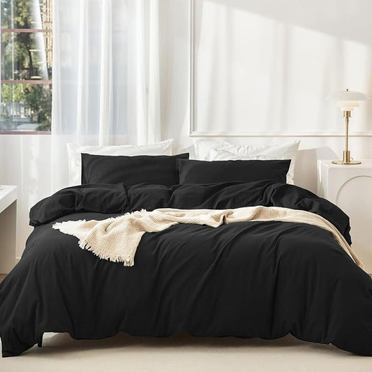 JIYUAN 100% Washed Cotton Duvet Cover Set 2 Pieces Twin, 1 Duvet Cover 68x90 Inches(Comforter Not Included) and 1 Pillowcases,Linen Feel Bedding Set Comfy and Breathable,Black
