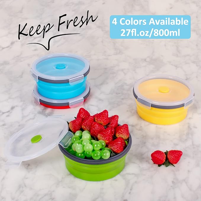 Collapsible Food Storage Containers with Airtight Lid, 27 oz, Kitchen Stacking Silicone Collapsible Meal Prep Container Set for Leftover, Microwave Freezer Dishwasher Safe, 4 Colors Round, Set of 4