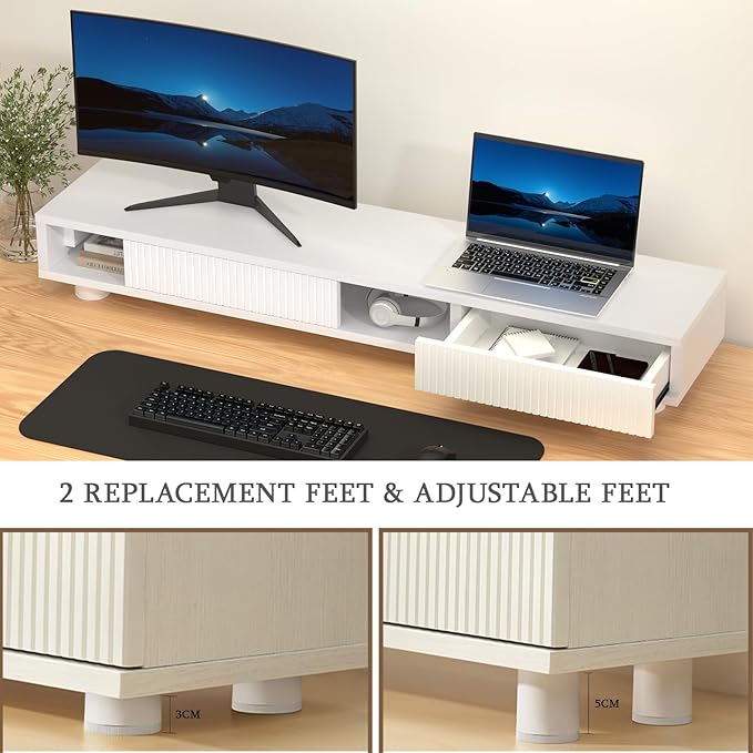 Artswish Dual Monitor Riser White for 2 Monitors, 2-tier Monitor Stand with Drawer,Computer Monitor Stand Riser with 2 Adjustable Feet,42.4 Inch Long Desk Shelf for Monitor, Printer, TV, White with Grey Texture