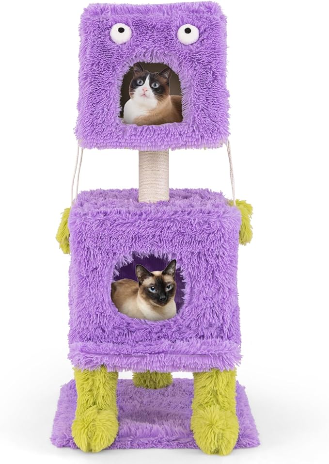 Tangkula Monster-Themed Cat Tree, 3-Level Cat Tower Activity Center with 2 Private Cat Condo, Sisal Scratching Posts & Hanging Toys, Long Plush Cute Cat Tree Tower for Indoor Cats (44 Inch)