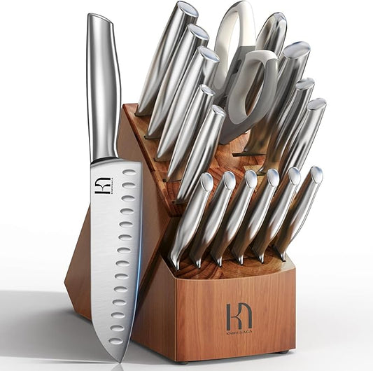 Kitchen Knife Set with Block 17 Pcs, Knife Block Set, Japanese High Carbon Stainless Steel Knives Set for Kitchen with Sharpener, Razor Sharp Premium Block Knife Sets