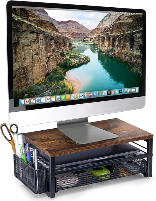 ARCOBIS Monitor Riser with Drawers and Pen Holders, Wood & Mesh Metal Computer Monitor Stand with Storage for Desk, Rustic Brown