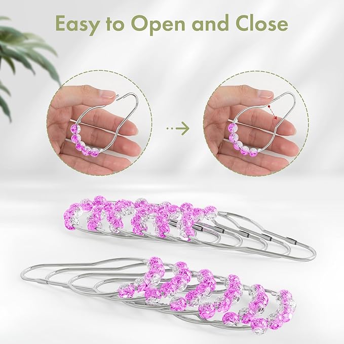 Amazer Pink Shower Curtain Hooks, Decorative Shower Curtain Hooks Smooth Glide, Shower Curtain Rings Rustproof Stainless Steel Shower Hooks for Pink Bathroom Decor 12pcs