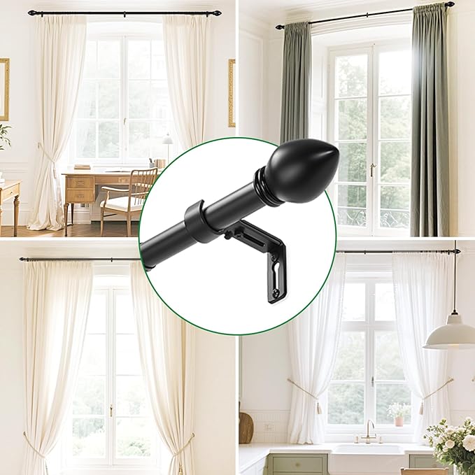 Curtain Rods for Windows 16 to 92 inches, Curtain Rod Max Adjustable Length to 104 in, Drapery Rod 1 inch Diameter with Modern Knobs Finials (Black, 16" to 92" - Set of 1)