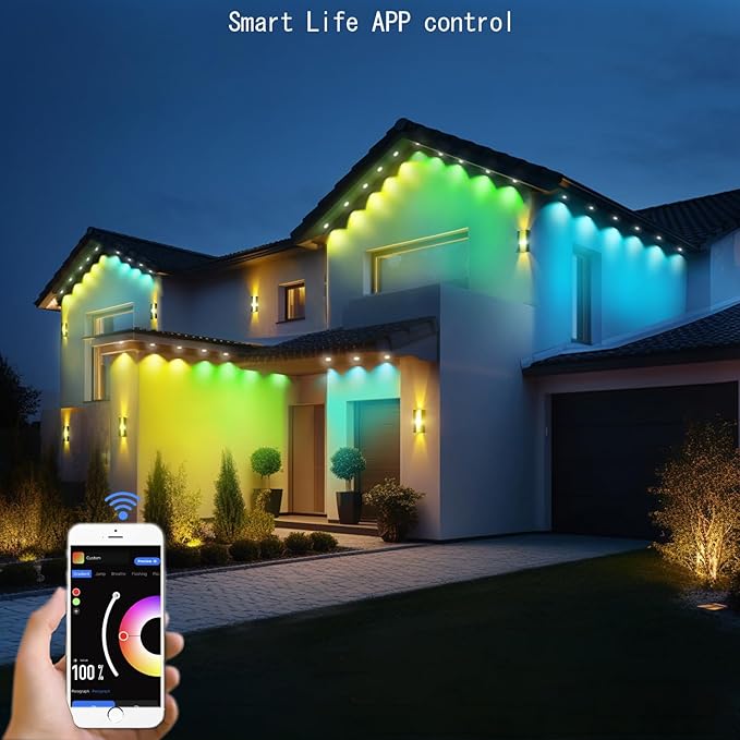 Permanent Outdoor Lights for House, 100ft Smart RGB+IC Color Outdoor Lighting with 63 Scene,IP67 72 LED Eaves Lights for Holiday, Christmas, Daily Lighting, Smart Life APP Control, C5103-A
