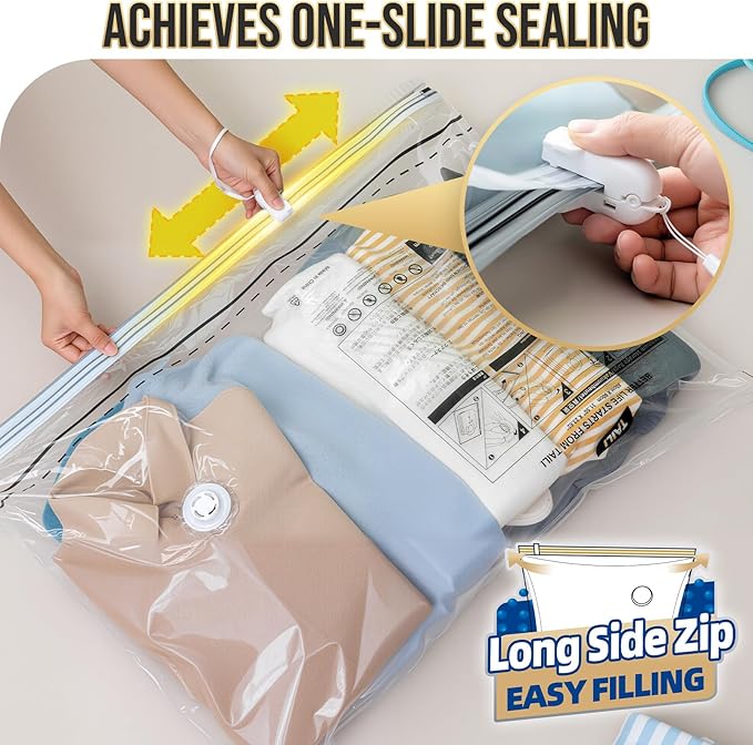 TAILI 6 Pack Vacuum Storage Bags, LONG SIDE ZIP (39x28 inch), Vacuum Seal Bags for Clothing, Jumbo Storage Space Saver for Beddings, Comforters, Blanket, Pillows and Clothes