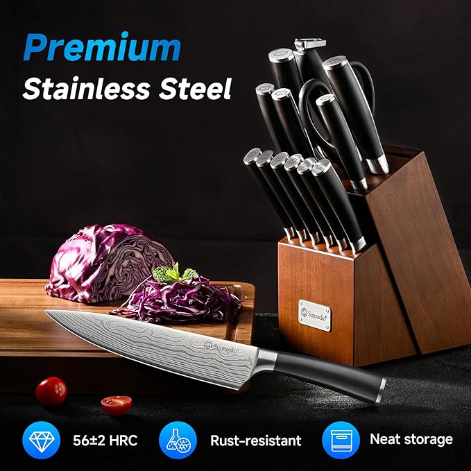 Sunnecko Knife Set with Block and Sharpener, 15 PCS Kitchen Knife Block Set Sharp Kitchen Knives High Carbon Stainless Steel with Black Handles