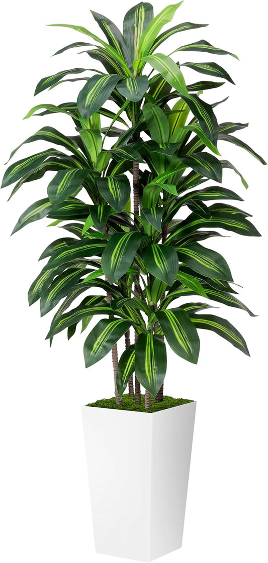 Artificial Dracaena Plant Indoor 5FT - Fake Tree with White Tall Planter - Faux Yucca Tall Fake Floor Plant in Pot - Artificial Trees for Home Office Living Room Decor Indoor