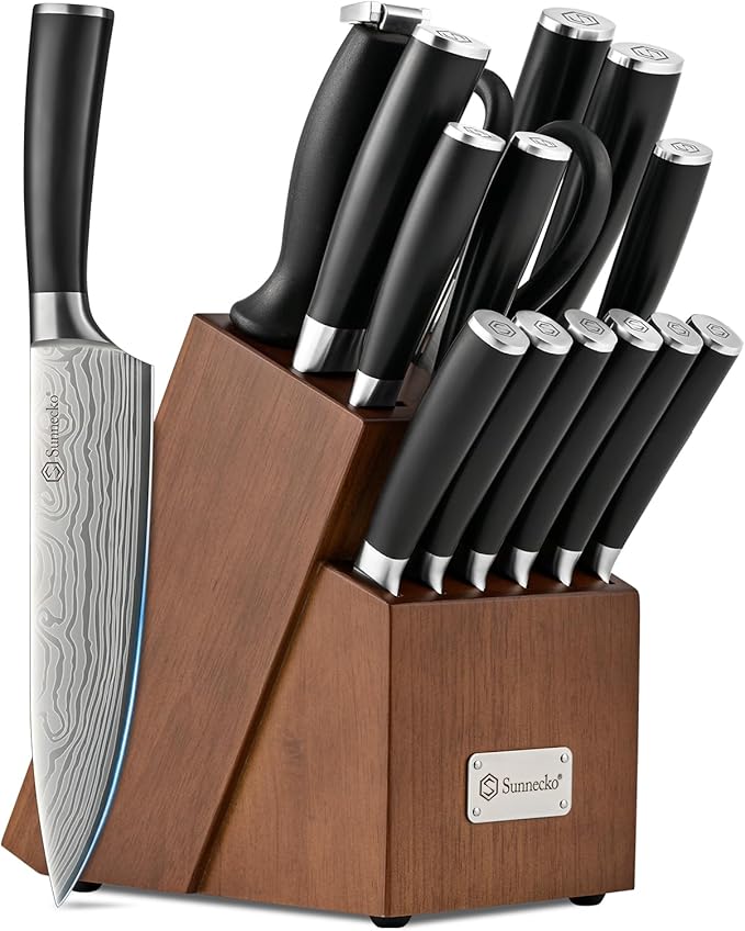 Sunnecko Knife Set with Block and Sharpener, 15 PCS Kitchen Knife Block Set Sharp Kitchen Knives High Carbon Stainless Steel with Black Handles