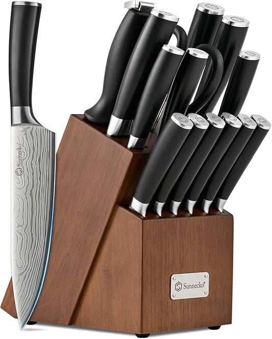 Sunnecko Knife Set with Block and Sharpener, 15 PCS Kitchen Knife Block Set Sharp Kitchen Knives High Carbon Stainless Steel with Black Handles