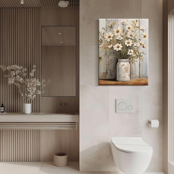 Framed Daisy Jar Vintage Flowers Wall Art Decor Canvas Print Country Poster Gallery Picture Country Plants Farmhouse Art Painting Kitchen Bathroom Living Room Decor 12x16 Inch Ready to Hang