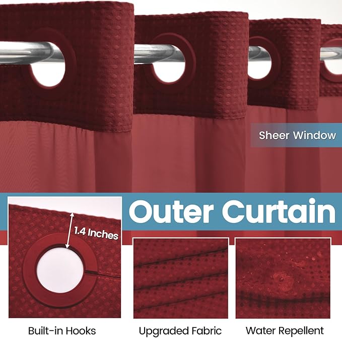 Burgundy Long No Hook Shower Curtain with Snap in Liner,230GSM Waffle Weave Shower Curtains for Bathroom,71W x 86H