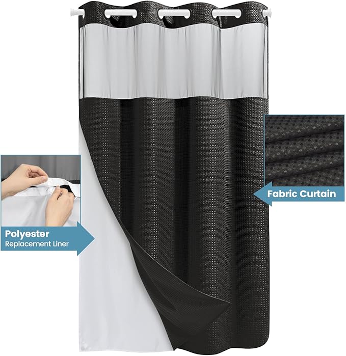 Stall No Hook Shower Curtain with Snap in Liner,230GSM Waffle Weave Shower Curtains for Bathroom,60W x 74H,Black