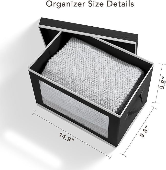 Storage Boxes with Lids - 5 Pack Foldable Clear Window Storage Bins, Large Decorative Storage Bins with Handles, Storage Containers for Clothes, Towel, Blanket, Sheet, Black