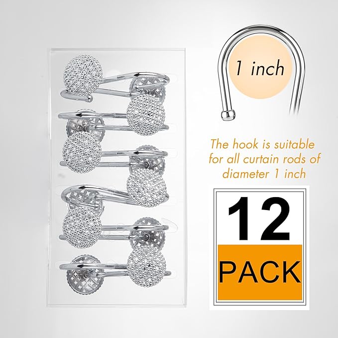 Pearlbee Chrome Shower Curtain Hooks, Silver Shower Curtain Rings Hooks, Rust Proof Shower Curtain Hooks, Bathroom Shower Hooks for Curtain, Metal Shower Hooks for Shower Curtain Rod