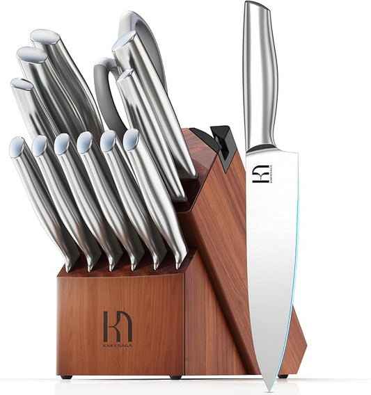 Knife Set Premium, Japanese High Carbon Stainless Steel 14 Pcs Kitchen Knives Block Set with Built-in Sharpener and Wood Block, Razor Sharp Knife Sets for Kitchen with Ergonomic Handle