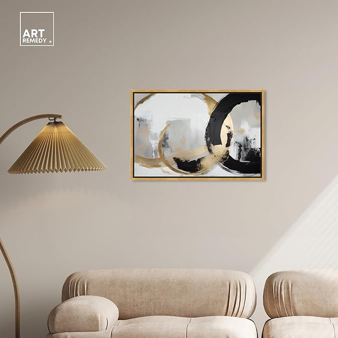 Art Remedy Another Dimension Canvas Modern Black White Abstract Wall Art, Gold Frame, 30" x 20"