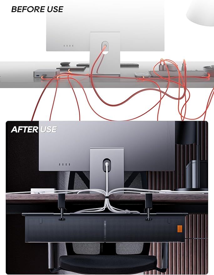 Under Desk Cable Management Tray No Drill, Cable Ties Included, Eco-Friendly Canvas Material, Mesh Design for Heat Dissipation, Cable Organizer/Storage for Standing Desk(27inch, Black)