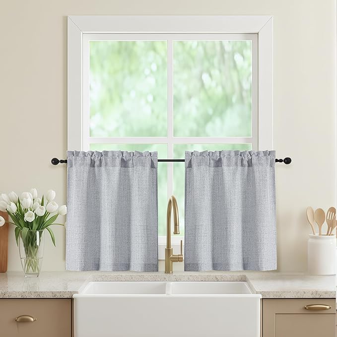 Grey Kitchen Curtains 24 Inch Length 2 Panels, Light Filtering Faux Linen Textured Short Curtains Tier for Windows, Small Curtain for Cafe Cabinet Bathroom Basement RV Camper, 30Wx24L Inch