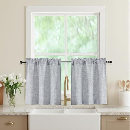 Grey Kitchen Curtains 24 Inch Length 2 Panels, Light Filtering Faux Linen Textured Short Curtains Tier for Windows, Small Curtain for Cafe Cabinet Bathroom Basement RV Camper, 30Wx24L Inch