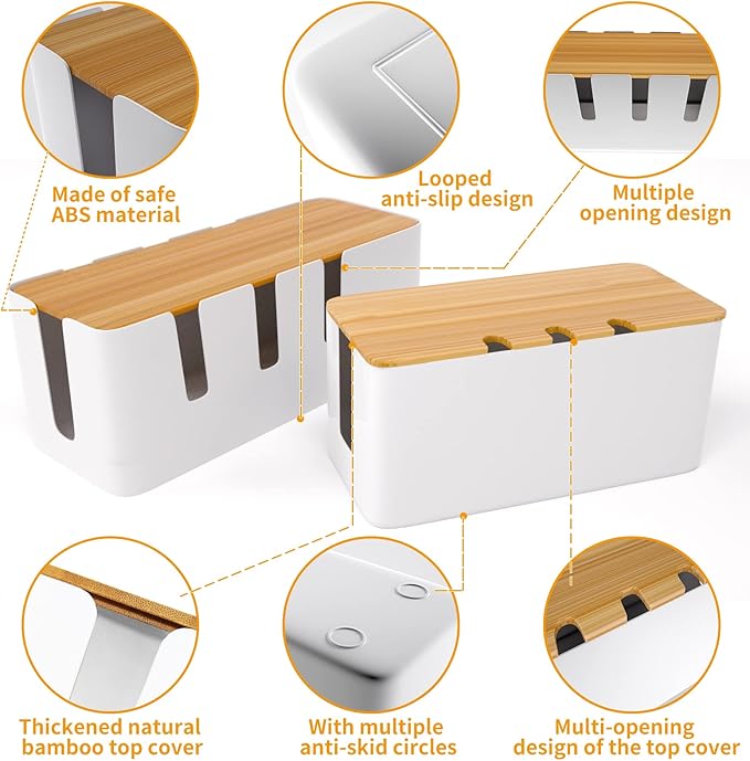 Cable Management Box-2 Pack Cable Organizer Box with 100PCS Cable Ties Set,Wood Lid,Cord Organizer for Desk,TV Wires,Computer USB Hub System to Cover and Hide & Power Strips & Cords for Home & Office