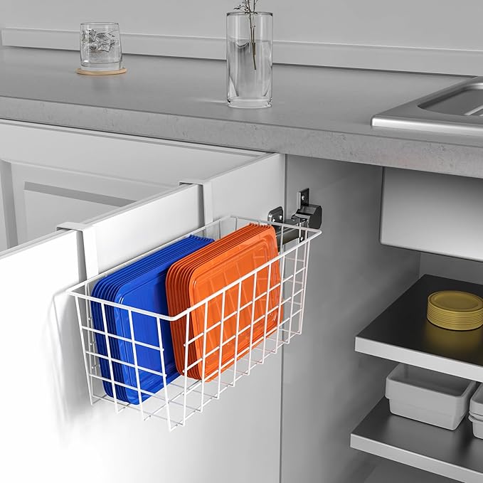 MaraFansie Basket with Hook, Grid Storage Basket, Over the Cabinet Door Organizer, Wire Hanging Basket with Hook Over the Door/Railing, Under Sink Kitchen Cabinet, Pantry, Bathroom, White, 4 Pack