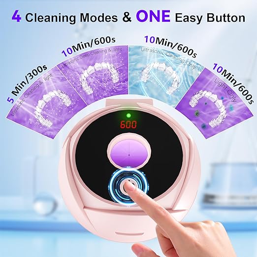 Ultrasonic Retainer Cleaner Machine 45khz Cleaning Pod for Denture Cleaner 200ml Mouth Guard, Aligner, Night Guard, Jewelry, 4 Cleaning Modes Digital Timer, Gifts for Women, Christmas Gifts, Pink