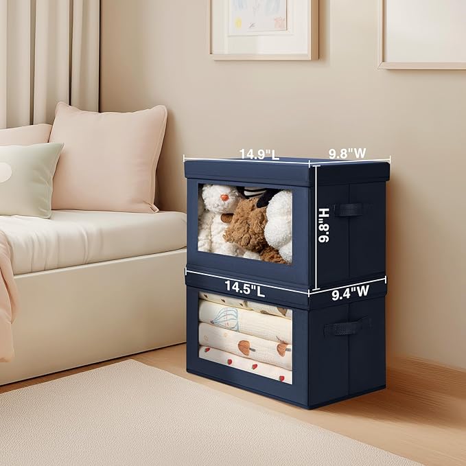 Organizing Bins with Lid - 4 Pack Foldable Clear Window Storage Bins, Large Storage Boxes with Handles, Storage Containers for Clothes, Towel, Blanket, Sheet, Navy Blue