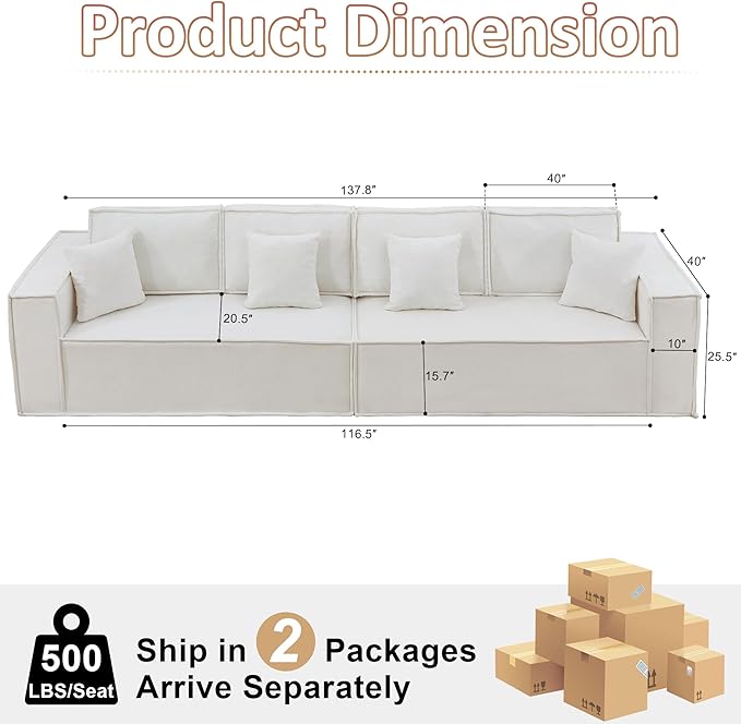 108'' Comfy Chenille Boneless Couch, Oversized Modular Sectional 4 Seater Sofa, Modern Deep Seat Corner Cloud Compressed Couch, No Assembly Sleeper Sofa with Chaise for Living Room, Beige
