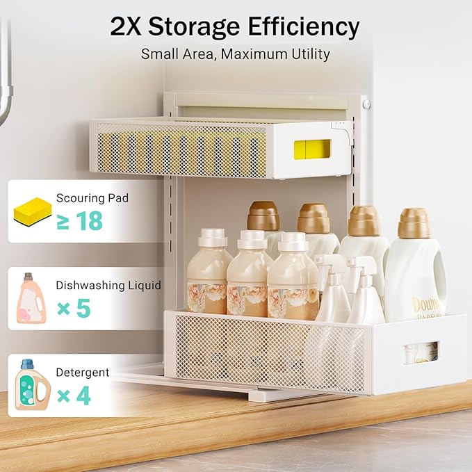 Under Sink Organizer Adjustable Height 2 Tier Bathroom Organizer Pull Out Cabinet Organer kitchen organizers and storage fridge organizers and storage,White,XL-1 Pack