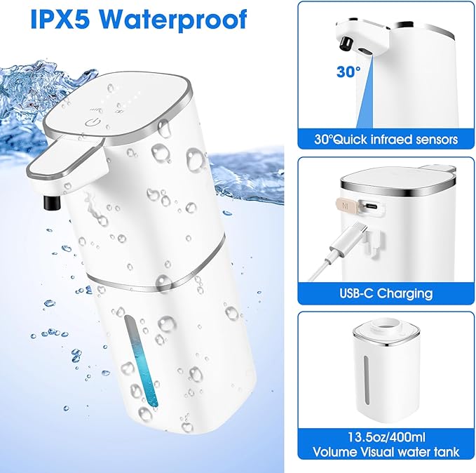 Automatic Foaming Soap Dispenser,Touchless Soap Dispenser,13.5oz/400ml Rechargeable Wall Mounted Smart Dispenser for Bathroom Kitchen,Easy for Toddlers(White)