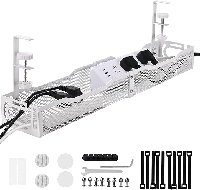 Under Desk Cable Management Box 25.3 Inch – No-Drill Cable Organizer Tray, Large Cord Management Box for Office & Home, Wire Organizer Under Desk Storage, White