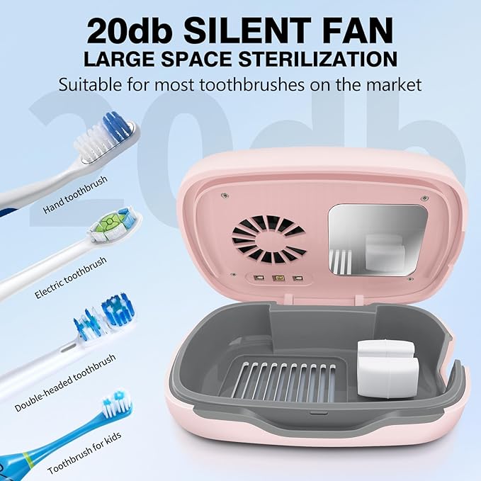 Toothbrush Covers Case and Holder with Light,Toothbrush Covers with Holder, Rechargeable Portable Toothbrush Cleaner Case, Toothbrush Box Fan with Dryer（Pink）