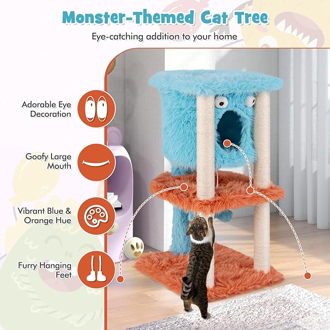 Tangkula Monster-Themed Cat Tree, 3-Level Cat Tower Activity Center with Large Cat Condo, Sisal Scratching Posts & Hanging Toys, Long Plush Cute Cat Tree Tower for Indoor Cats (34 Inch)