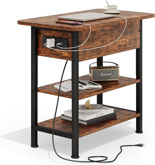 End Table with Charging Station, Flip Top Side Table with USB Ports and Outlets, 3-Tier Small Side Table with Storage for Small Space, End Tables for Living Room/Bedroom, Brown