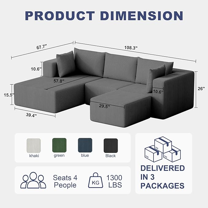 108" Boneless Couches for Living Room, Modular Cloud Couch Sofa -4 Pieces U Shap Corduroy Sectional Sofa, Fluffy Memory Foam Sleeper Sofa Furniture, No Assembly, Wide Armrest, Grey