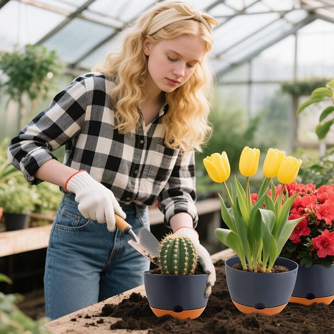 4 Pack Self Watering Pots for Indoor,8 Inch Plant Pot Outdoor Plastic Flower Pot with Drainage and Saucers(Grey)