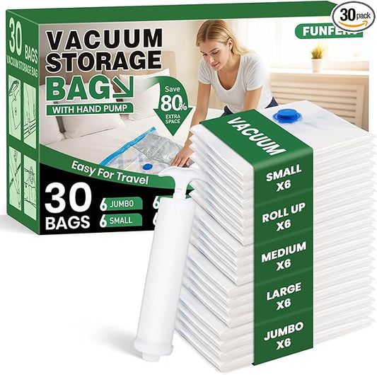Vacuum Storage Bags,30Pack Vacuum Seal Bags for Clothing,Travel,Clothes,Comforters,Blankets,Pillows-6 Jumbo+6 Large+6 Medium+6 Small+6 Roll Up Space Saving Bag Hand Pump Included