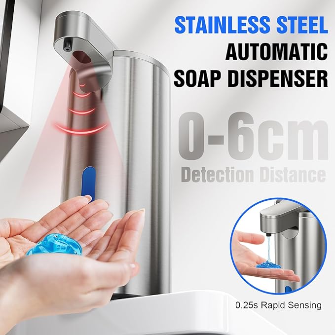 Automatic Soap Dispenser Touchless, Stainless Steel 11.5 oz 3 Levels Adjustable Hand Soap Dispenser with Rechargeable Sensor Pump for Kitchen & Bathroom Liquid Soap