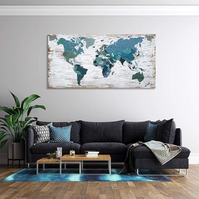 Teal Decor World Map Canvas Wall Art Pictures for Living Room Decoration Blue Wall Decor Office World Map Art Map of the world Picture Framed Artwork for Home Bedroom Decoration 20"x40"