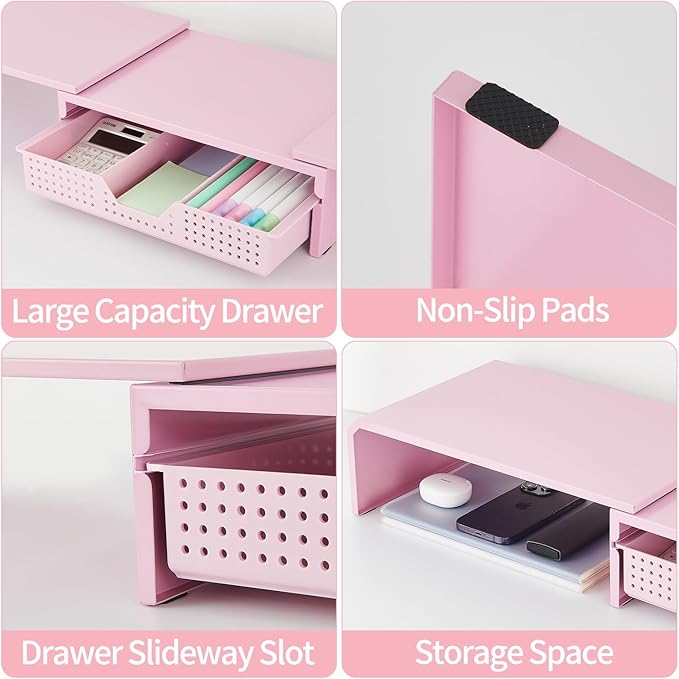 Dual Monitor Stand Riser with Drawer, Desk Organizer and Accessories, Pink Monitor Stand for Desk, Desktop Stand for Computer, Laptop, TV and More (Pink)