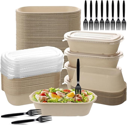 50 Pack 23 Oz Disposable Meal Prep Containers Paper Bowls with Lids and Forks Throw Away Containers for Food, Salad, Burrito, Deli