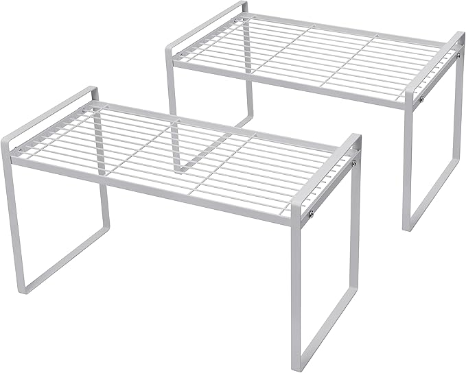 2Pack Cabinet Shelf Organizer Storage Rack Space Saving for Kitchen Counter Pantry Bathroom Cupboard Under Sink Office Table Steel Stackable Rust Resistant Heavy Duty Nonslip 16” White - Tall