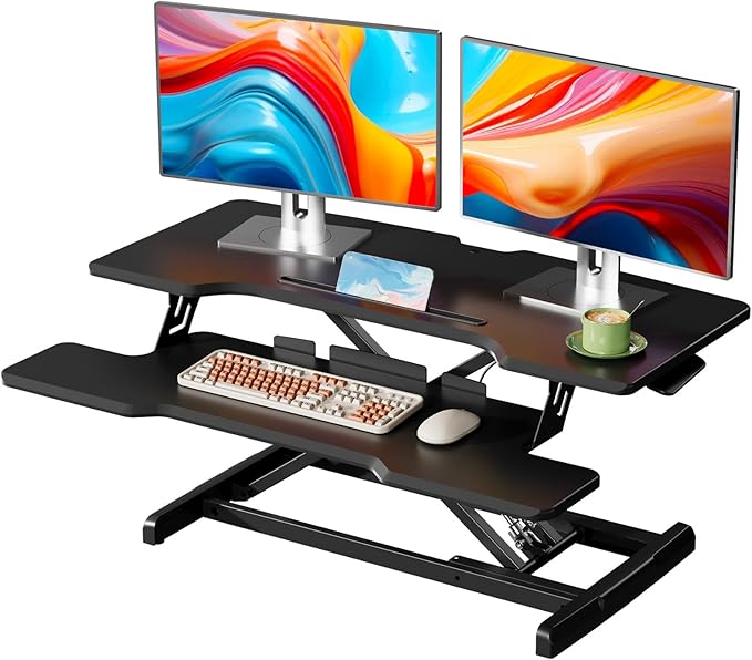 35" Standing Desk Converter, Height Adjustable Desktop Riser with Keyboard Tray for Two Monitors, Sit to Stand up Computer Workstation for Home Office, Black