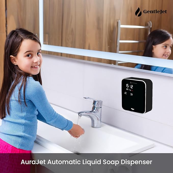 AuraJet Automatic Liquid Soap Dispenser Touchless - Adjustable Levels, Digital Display, Aluminum Alloy Body, Battery Operated or USB-Powered Automatic Hand Soap Dispenser Wall Mount