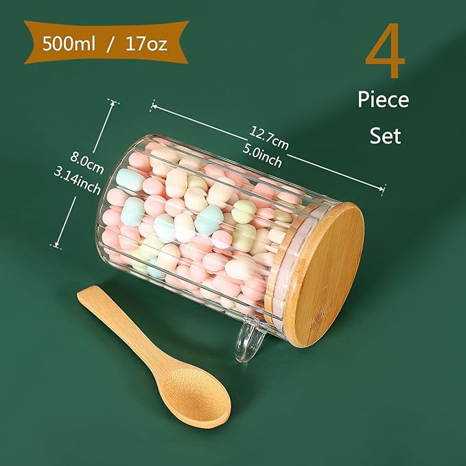 4 Pack Glass Containers with Lids and Spoons, Overnight Oat Container with Lids Glass, Oatmeal Jar with Spoons, Meal Prep Jars for Yogurt, Chia Pudding (Ribbed Round 4PCS)