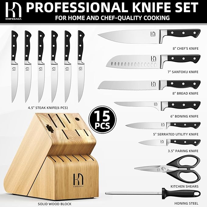 Knife Set, 15 Pcs Kitchen Knife Block Set, Enduring Razor-Sharp Japanese High Carbon Stainless Steel Chef Knife Set with Block and Sharpener, Premium Knives Set for Kitchen, Black Natural Wood