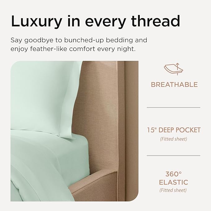 Threadmill Sheets for Twin XL Mattress | 600 Thread Count Twin XL Bed Sheets Set with 15” Deep Pocket | Sateen Weave 3-Piece Bedding Set with Cooling Effect | Seaglass